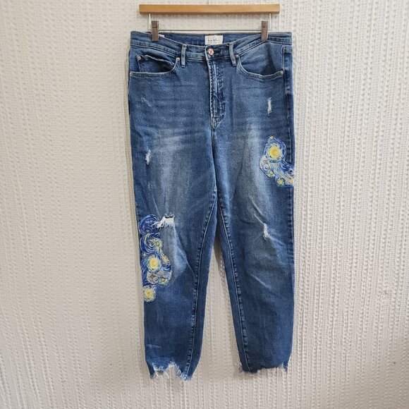 Nicole Miller Starry Night Painted Jeans Size 10 Artistic Distressed Denim - Picture 5 of 14